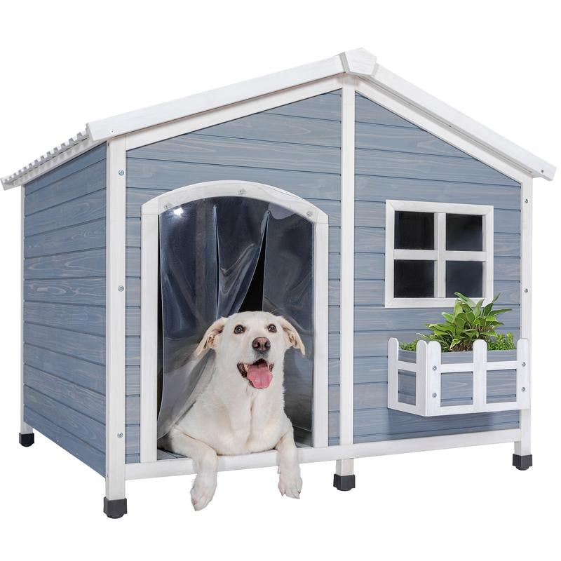 [5-Year Warranty] Petsfit 47" Solid Wood Dog House, 200Lbs Weight Capacity & Waterproof PVC Roof, Extra Large Outdoor Dog Kennel for 2 Medium Dogs, Easy-Clean Removable Floor, All-Weather Shelter, Gray