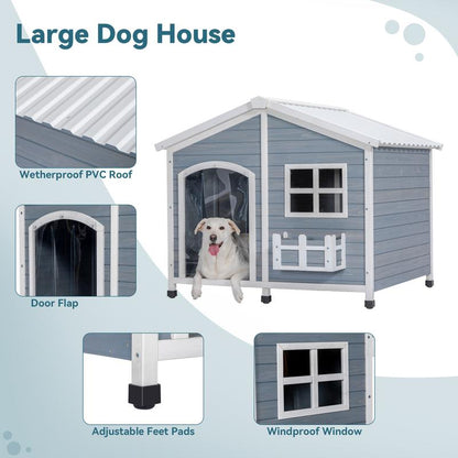 [5-Year Warranty] Petsfit 47" Solid Wood Dog House, 200Lbs Weight Capacity & Waterproof PVC Roof, Extra Large Outdoor Dog Kennel for 2 Medium Dogs, Easy-Clean Removable Floor, All-Weather Shelter, Gray