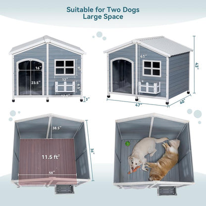 [5-Year Warranty] Petsfit 47" Solid Wood Dog House, 200Lbs Weight Capacity & Waterproof PVC Roof, Extra Large Outdoor Dog Kennel for 2 Medium Dogs, Easy-Clean Removable Floor, All-Weather Shelter, Gray