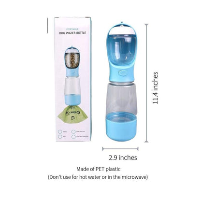 3-In-1 Portable Pet Water Bottle with Poop Bag Holder & Pet Food Jar, Leak Proof, for Outdoor Travel Hiking Includes Free 15Ct Dog Poop Bags