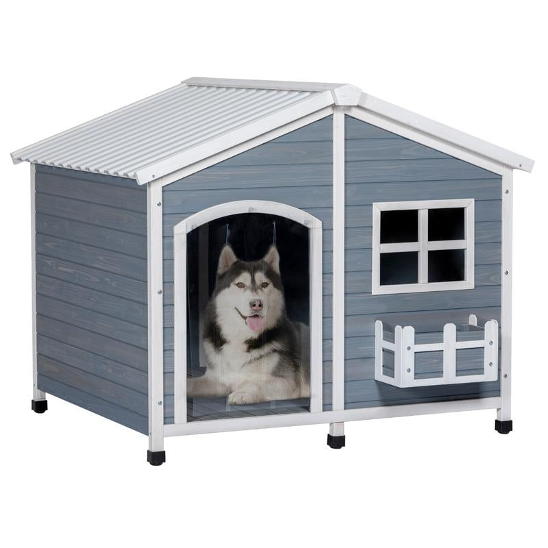 [5-Year Warranty] Petsfit 47" Solid Wood Dog House, 200Lbs Weight Capacity & Waterproof PVC Roof, Extra Large Outdoor Dog Kennel for 2 Medium Dogs, Easy-Clean Removable Floor, All-Weather Shelter, Gray