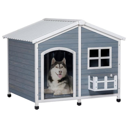 [5-Year Warranty] Petsfit 47" Solid Wood Dog House, 200Lbs Weight Capacity & Waterproof PVC Roof, Extra Large Outdoor Dog Kennel for 2 Medium Dogs, Easy-Clean Removable Floor, All-Weather Shelter, Gray
