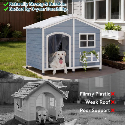 [5-Year Warranty] Petsfit 47" Solid Wood Dog House, 200Lbs Weight Capacity & Waterproof PVC Roof, Extra Large Outdoor Dog Kennel for 2 Medium Dogs, Easy-Clean Removable Floor, All-Weather Shelter, Gray