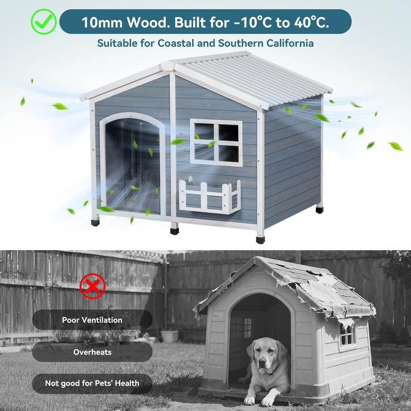 [5-Year Warranty] Petsfit 47" Solid Wood Dog House, 200Lbs Weight Capacity & Waterproof PVC Roof, Extra Large Outdoor Dog Kennel for 2 Medium Dogs, Easy-Clean Removable Floor, All-Weather Shelter, Gray