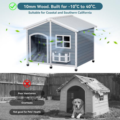 [5-Year Warranty] Petsfit 47" Solid Wood Dog House, 200Lbs Weight Capacity & Waterproof PVC Roof, Extra Large Outdoor Dog Kennel for 2 Medium Dogs, Easy-Clean Removable Floor, All-Weather Shelter, Gray