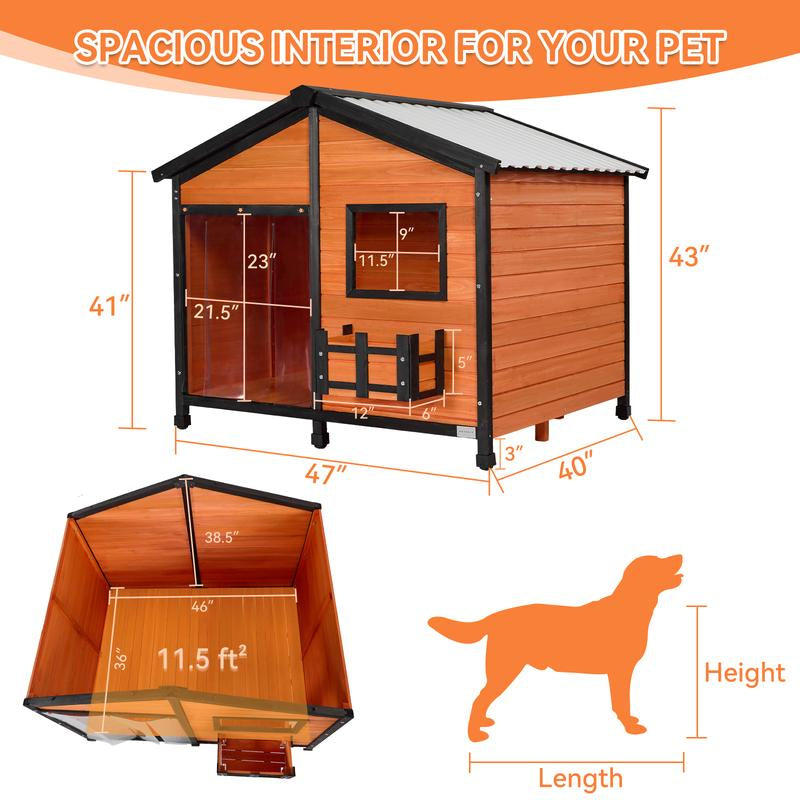 [5-Year Warranty] Petsfit 47" Solid Wood Dog House, 200Lbs Weight Capacity & Waterproof PVC Roof, Extra Large Outdoor Dog Kennel for 2 Medium Dogs, Easy-Clean Removable Floor, All-Weather Shelter, Gray