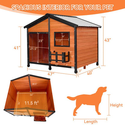 [5-Year Warranty] Petsfit 47" Solid Wood Dog House, 200Lbs Weight Capacity & Waterproof PVC Roof, Extra Large Outdoor Dog Kennel for 2 Medium Dogs, Easy-Clean Removable Floor, All-Weather Shelter, Gray